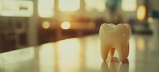 Realistic dental model representing human tooth on table in dental clinic with warm sunlight background and bright bokeh effects for healthcare concepts