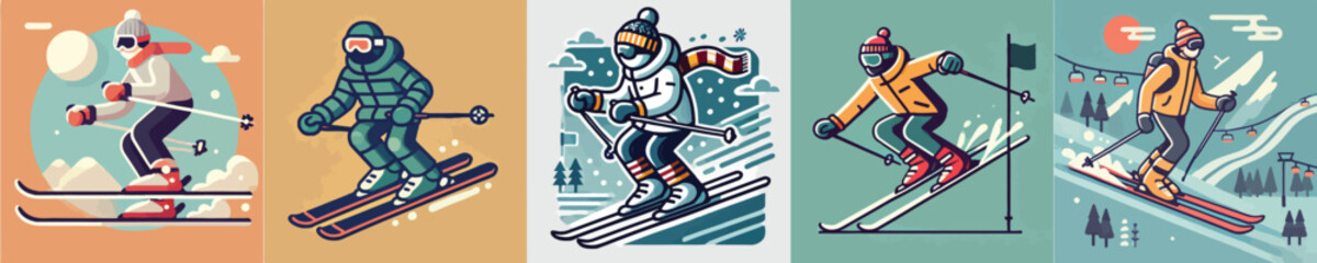Vector collection of characters playing snowboard