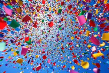 Colorful confetti falling against a bright blue sky. (1)
