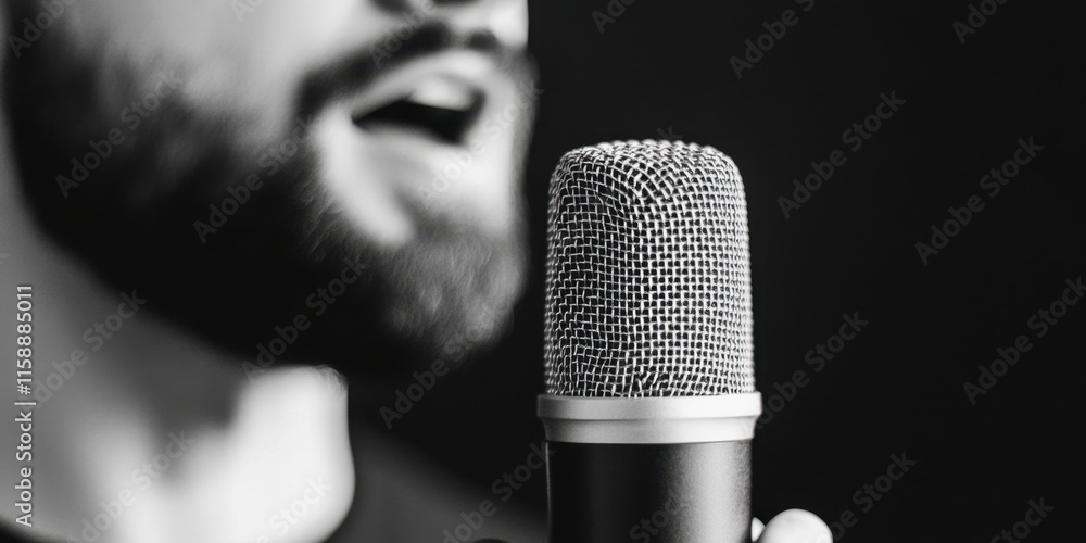 Aufkleber a close-up of a person speaking into a microphone, emphasizing sound and performance against a dark 