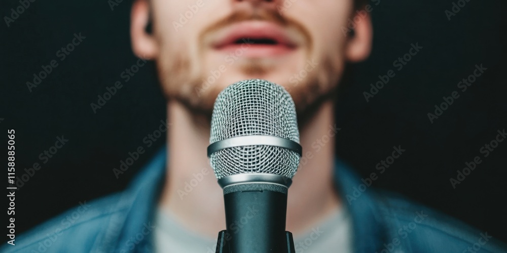 Poster a close-up view of a microphone with a blurred figure speaking in the background, emphasizing the ac