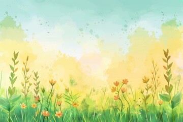 Watercolor Painting of a Sunny Meadow with Flowers and Grass
