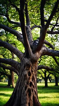 A tree with its trunk and branches forming intricate geometric patterns, symbolizing the mathematical beauty of nature and prosperity through bala, 4k High-Quality Wallpaper Background Animation Video