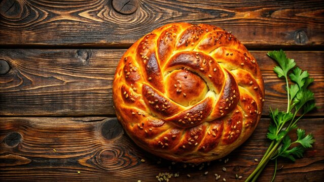 Golden-crusted Uzbek bread, a culinary tradition, photographed from above in low light against rustic wood.