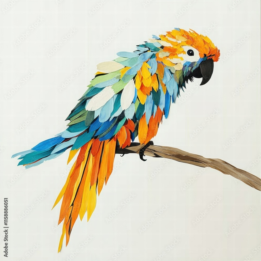 Poster bright parrot illustration perched on a branch with vibrant colors and copy space for added text. ge
