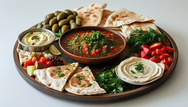 Traditional Round Plate of Leb Cuisine with Olive, Herb, and Fresh Vegetable Garnish