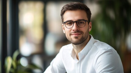 Confident entrepreneur smiling in modern office environment