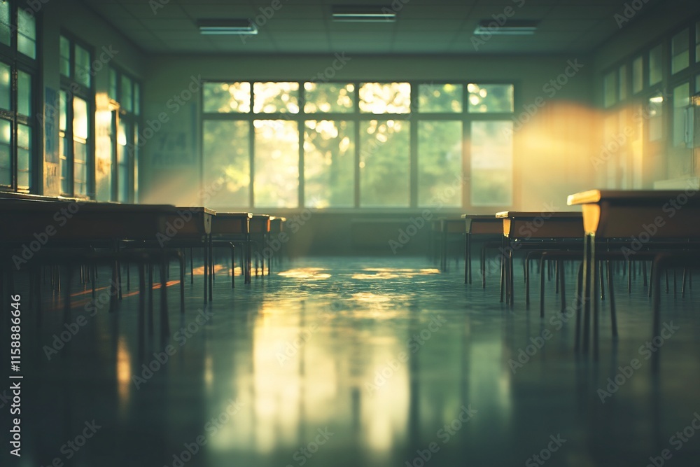 Aufkleber empty classroom with sunlight streaming through large windows.