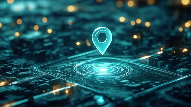 Glowing Digital Location Pin on Futuristic Neon Map with Cityscape Background