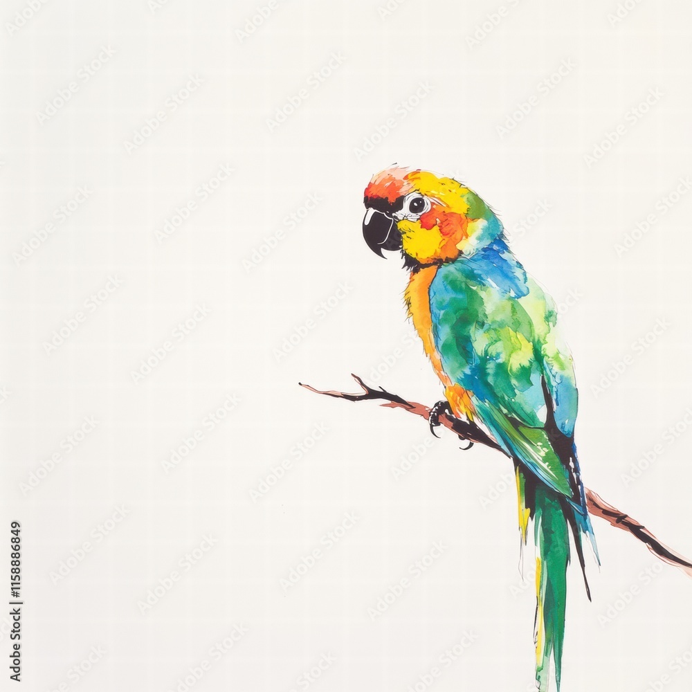 Fototapete bright parrot illustrated perched on a branch in a serene setting with ample empty space for text. g