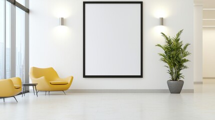 Large billboard frame mockup hanging on an office wall concept. Bright modern interior with empty frame and decorative plants