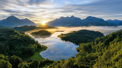 tranquil lake reflecting surrounding mountains at sunrise Generative Ai
