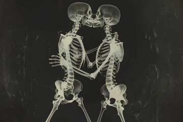 Two skeletons embrace tenderly holding hands.