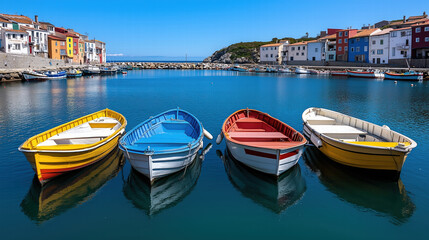 Colorful boats on calm water in scenic harbor Generative Ai