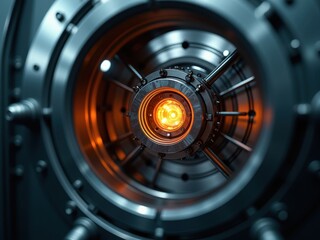 Closeup of a futuristic underground energy core emitting a bright orange glow in a high-tech environment