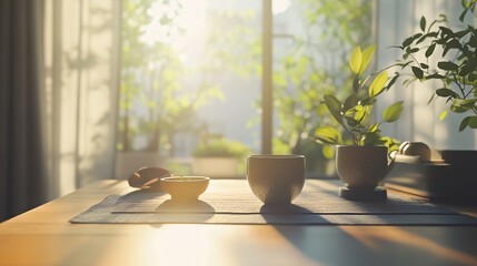 Morning sunlight illuminating teacups and plants on table