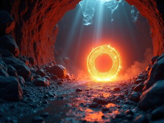 Futuristic underground energy source illuminating the cavern with vibrant orange light amid rocky formations