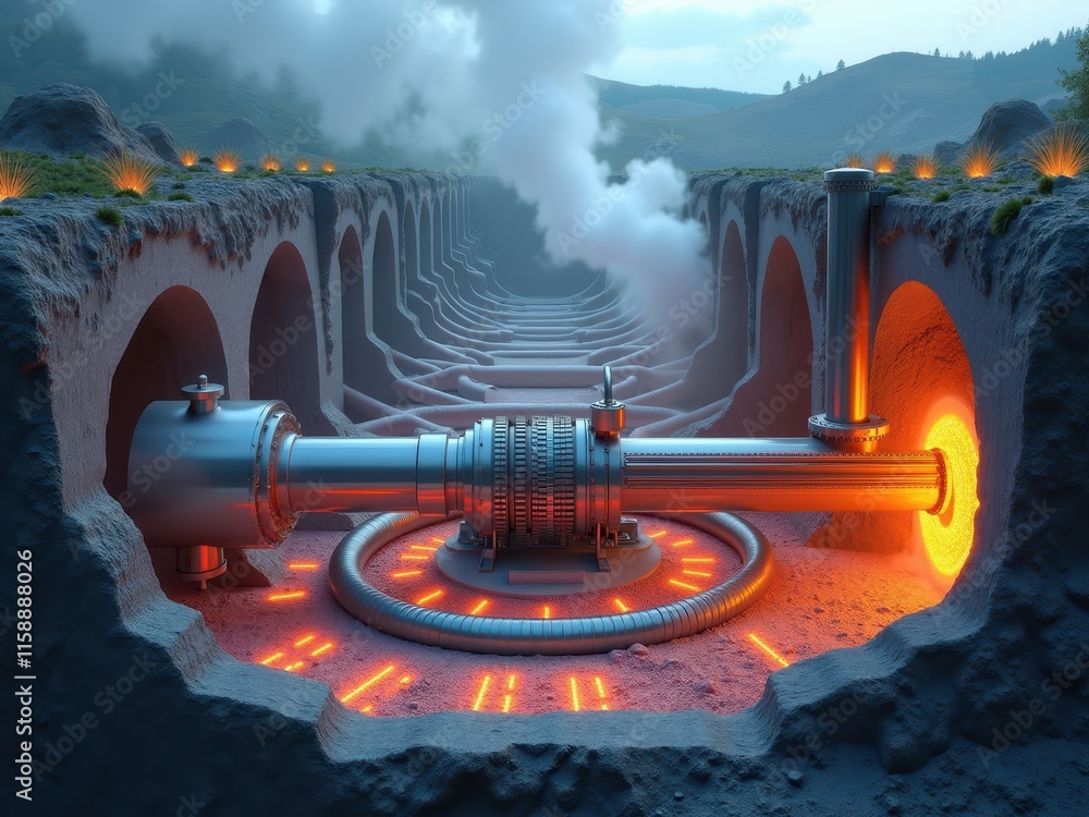 Poster futuristic underground energy system showcasing advanced technology in a cross-sectional view with g