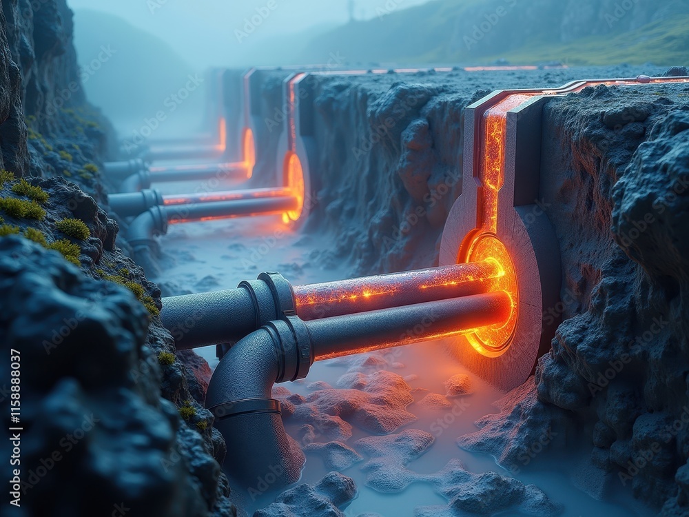 Poster futuristic underground energy system with glowing pipelines and a cross-sectional view of geothermal