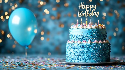 Two-tiered blue birthday cake with candles and balloon.