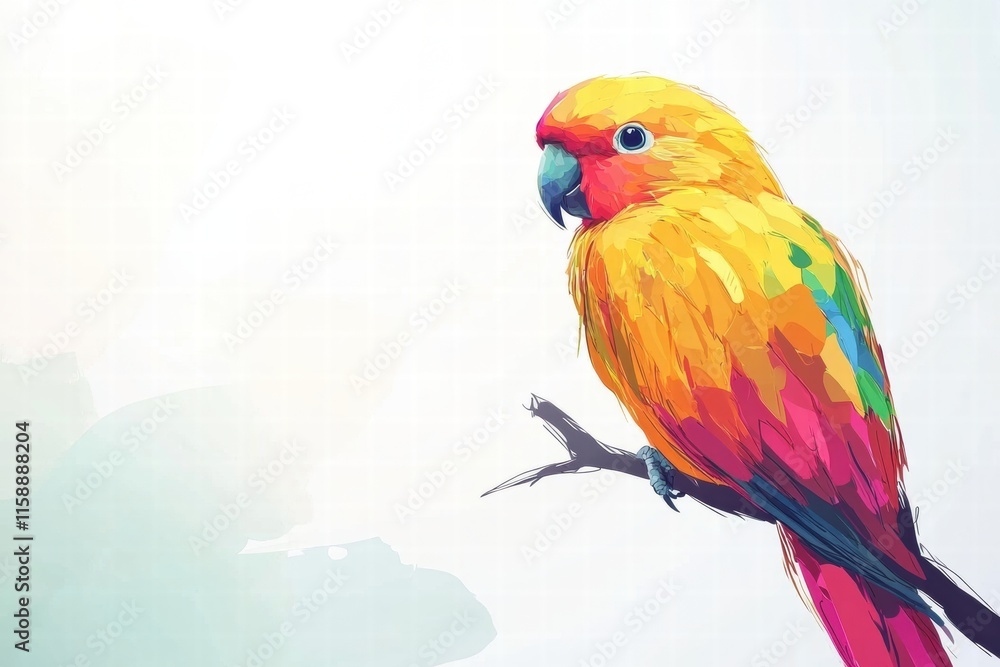 Fototapete Bright parrot illustrated perched on a branch with soft colors and ample copy space for text placement. Generative AI