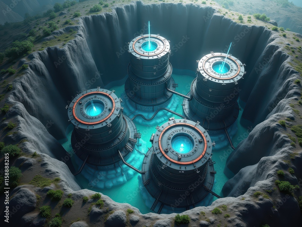 Poster innovative modular nuclear energy system operating underground in a futuristic setting with advanced