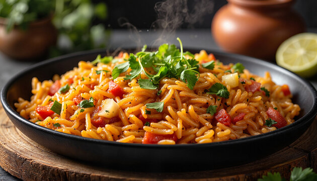 Vibrant orzo pasta garnished with cilantro on rustic table, comfort food