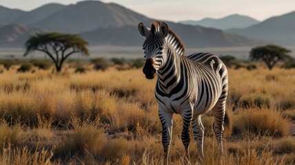 Naklejka premium A Zebra Stands in a Golden African Savanna