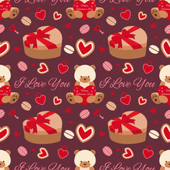 Seamless pattern of festive elements for Valentine's Day and the inscription "I love you" on a dark background. Vector graphics.