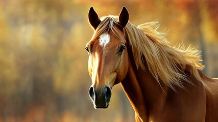 Beautiful golden horse with flowing mane in a vibrant autumn landscape during golden hour