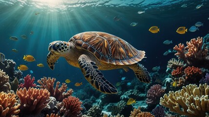 Sea Turtle Swimming Amidst Vibrant Coral Reef and Fish
