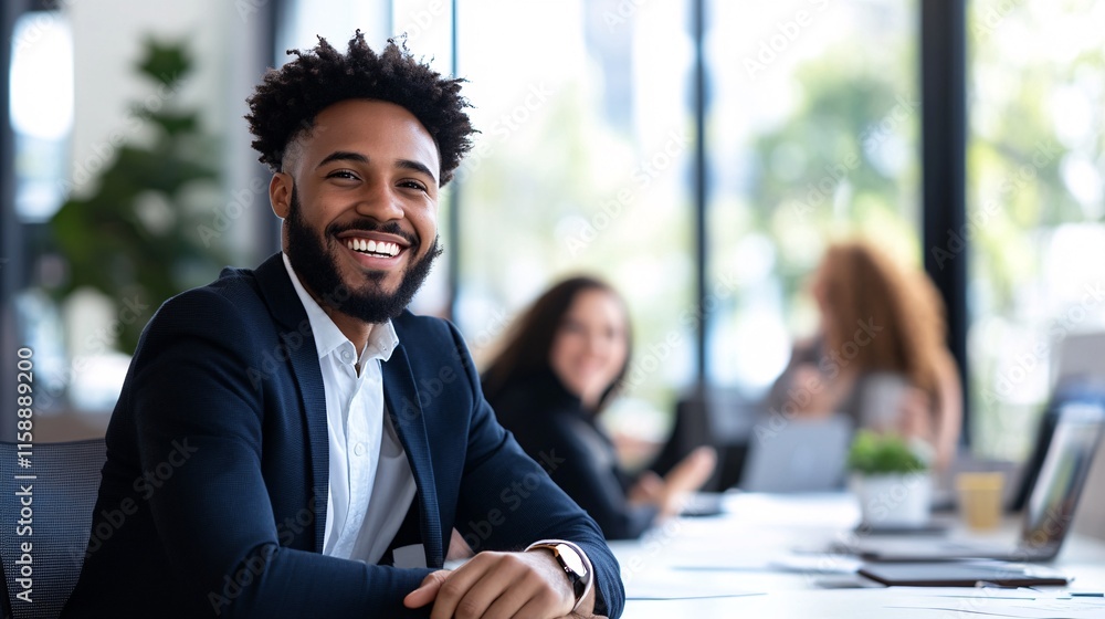 Poster smiling businessman sitting at desk in modern office with colleagues working in background