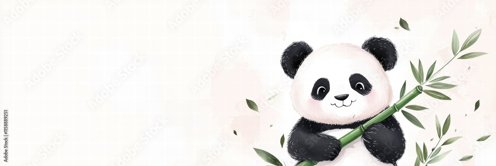 Aufkleber Cute panda holding fresh bamboo in a serene setting with ample space for text addition. Generative AI