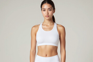 Fototapeta premium Young woman in white sportswear shows physique