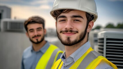 Dos ingenieros de la construcción miran a cámara en lo alto de un edificio