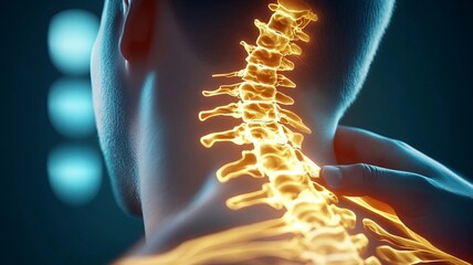 Hombre se lamenta de un dolor cervical en el cuello. Se observa iluminada su columna 