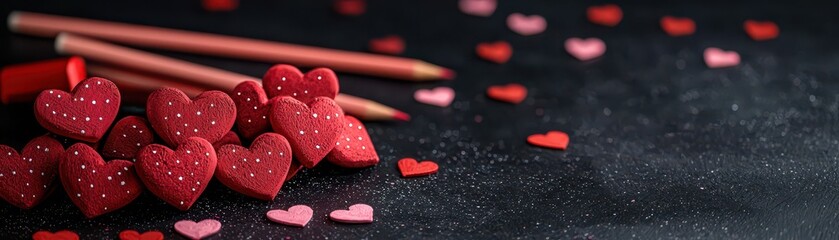 Obraz premium Valentine's Day chalkboard background with hearts concept. Colorful heart-shaped candies scattered on a dark surface, creating a festive and romantic atmosphere.