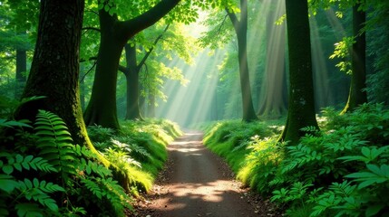 Obraz premium Sunlit Path Through a Lush Green Forest with Rays of Sunlight Illuminating the Way