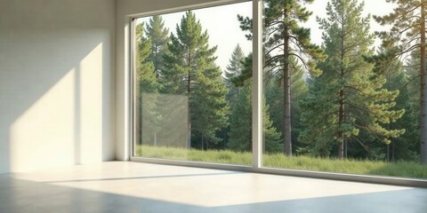 Sunlight streams through expansive window overlooking serene pine forest, illuminating minimalist interior space