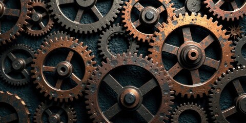 Intricate Network of Interlocking Rusty Gears, a Detailed Mechanical System