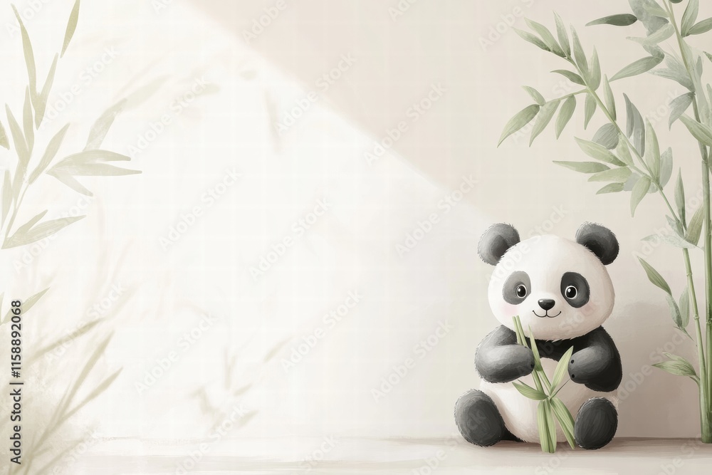 Leinwandbilder Panda holding bamboo in a serene setting with space for text and natural light creating a calming atmosphere. Generative AI