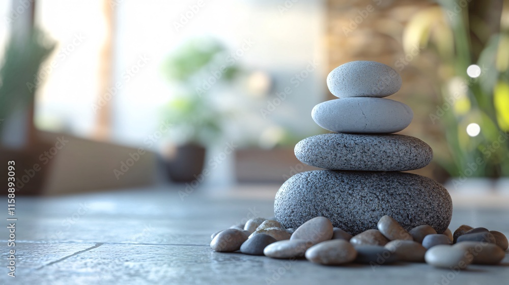 Poster stack of grey and white balancing stones creates tranquil atmosphere