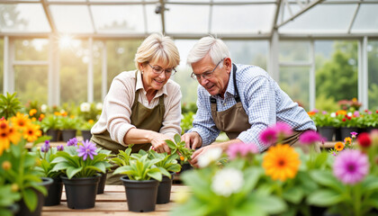 Senior couple gardening in greenhouse with vibrant flowers Copy space happy aging couple