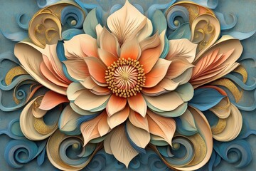 Stylized floral bloom with abstract swirling shapes in orange and blue