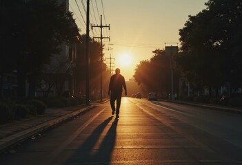 Pedestrian's shadow cast long across empty street at dusk