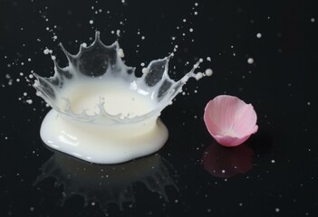 Milk splash on dark surface with pink rose petal floating nearby