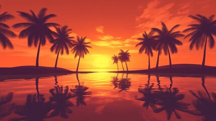 Obraz premium Tropical sunset over beach, palm trees silhouettes, reflection on water, vibrant sky, serene evening, picturesque scenery