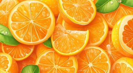 Obraz premium Juicy Orange Slices With Fresh Green Leaves Closeup Digital Art