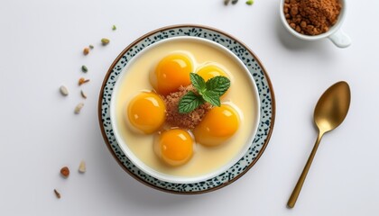 Delicious Thai Custard with Sticky Rice in Elegant Bowl and Garnished with Mint Leaves