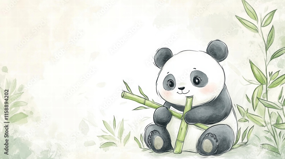 Poster cute panda holding bamboo in a serene environment with space for text and decoration. generative ai